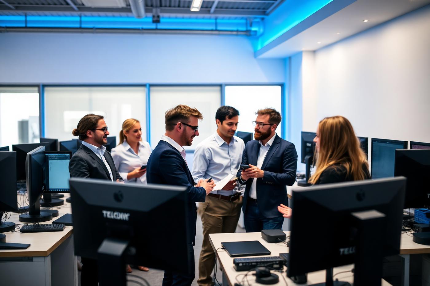 Xeon Telecommunications team members collaborating in a modern office