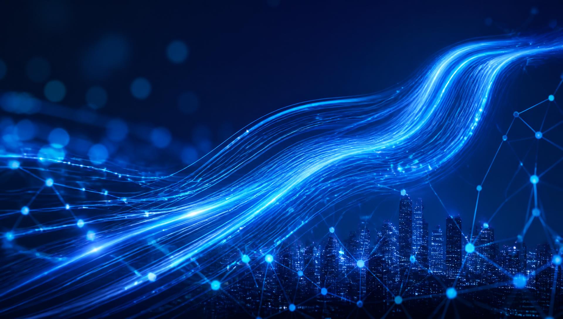 Fiber optic light streams flowing across a connected city network